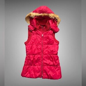 Take Out Red Hooded Puffer Vest with Faux Fur Trim